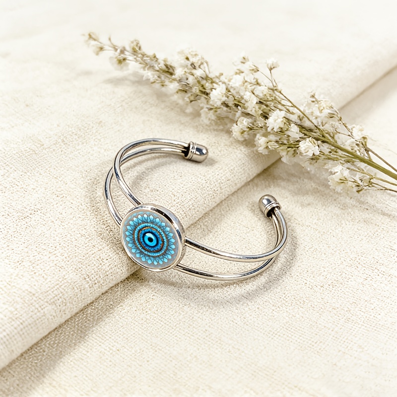 Women's Adjustable Open Bangle with Blue Eye Pattern